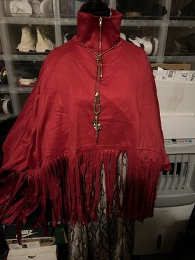 Red Fringe Poncho with High Neck